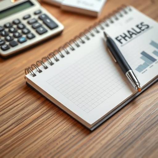 A calculator, notebook, and pen on a table, signifying financial calculations and record-keeping
