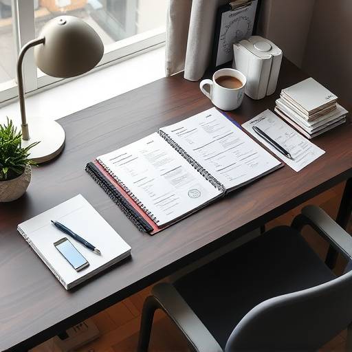 Planner on a desk with financial documents and a cup of coffee