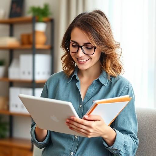 Woman happily using a budget planner on her tablet